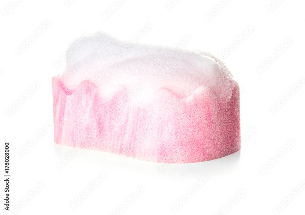 Sponge with suds on white background Sponge with suds on white background