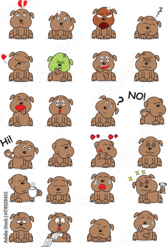 Cartoon style draw of Cute dog with different emotion. Set of brown dog emoticon.