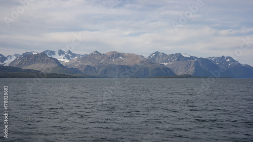 Panorama of norwegian massive mountains and fjord in Troms region