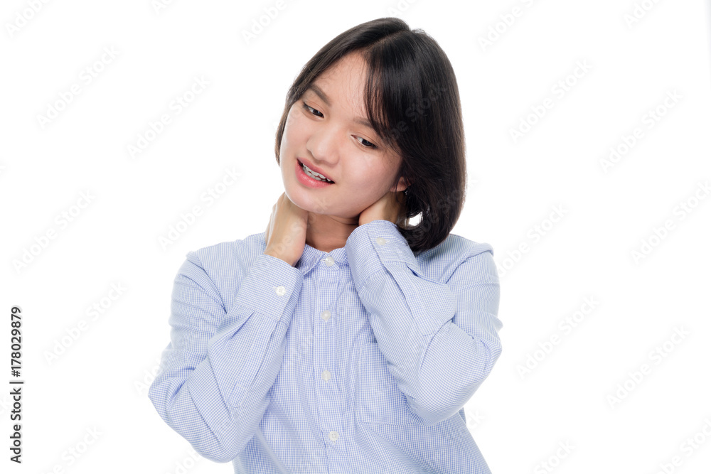 Beautiful asian businesswoman having a neck pain, portrait studio on white background Beautiful asian businesswoman having a neck pain, portrait studio on white background