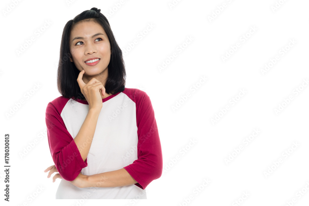 Beautiful asian woman is thinking, portrait studio on white background Beautiful asian woman is thinking, portrait studio on white background