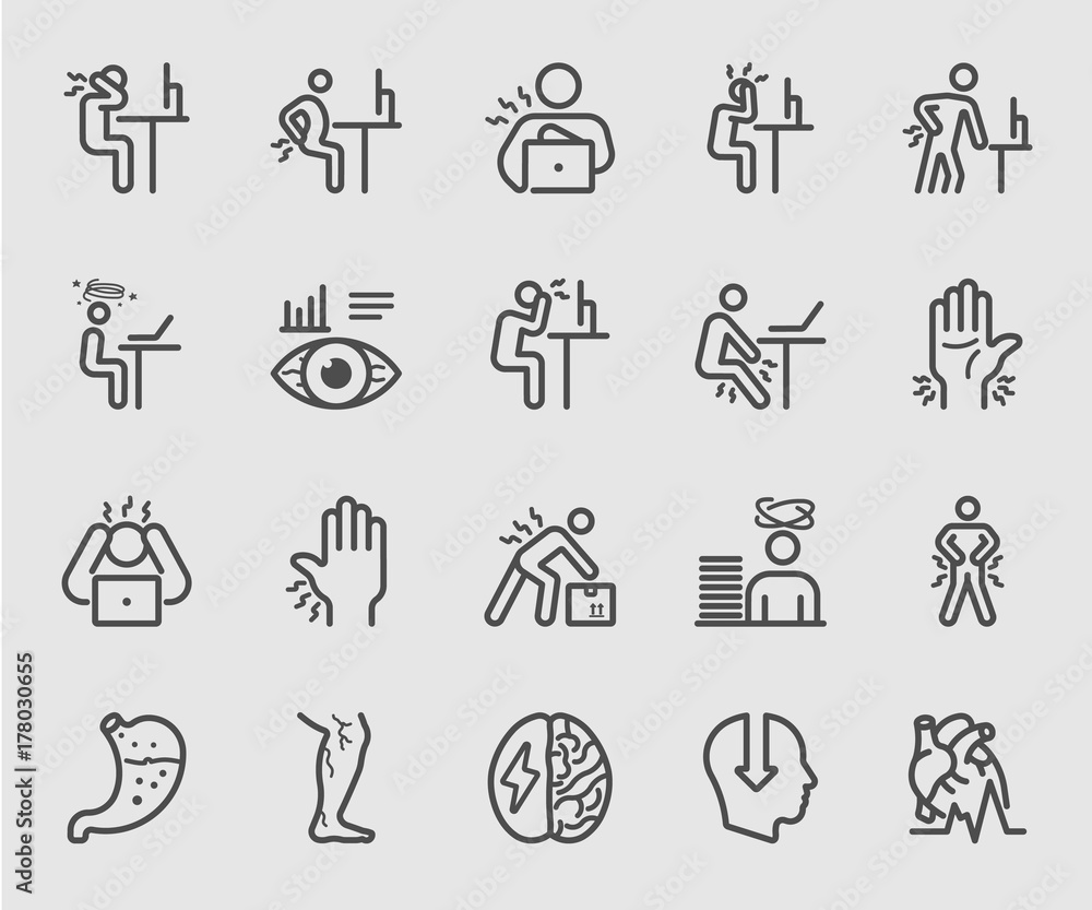 People working and Health effects, Office syndrome, Body pain line icon People working and Health effects, Office syndrome, Body pain line icon