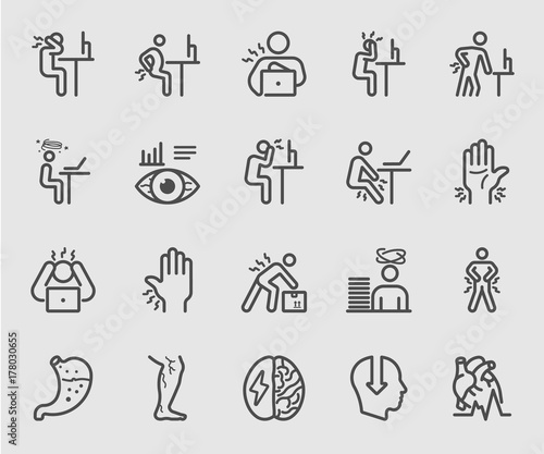 People working and Health effects, Office syndrome, Body pain line icon