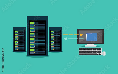Migration. Backup concept. Copying file. Server. Data Center. Database Synchronize Technology.