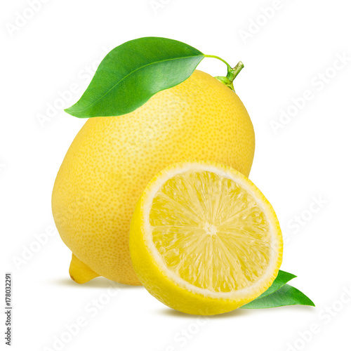 Lemon. Fruit with half and leaves isolated on white photo