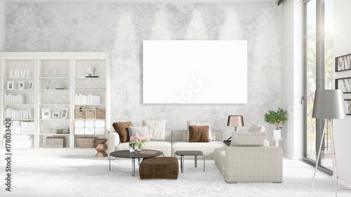 Fashionable modern loft interior with empty frame and copyspace in horizontal arrangement. 3D rendering. © Roman King