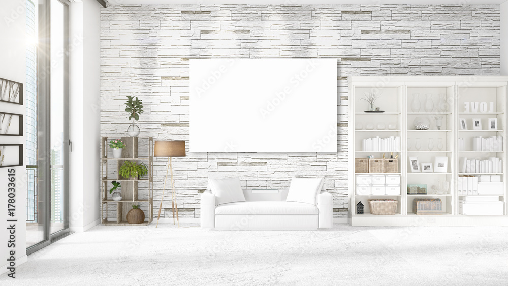 Panoramic view in interior with white leather couch, empty frame and copyspace in horizontal arrangement. 3D rendering. Panoramic view in interior with white leather couch, empty frame and copyspace in horizontal arrangement. 3D rendering.