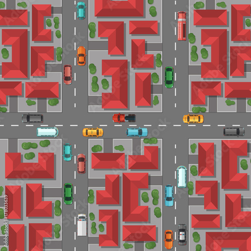 Vector top view city with house rooftops and trees, cars on the roads illustration