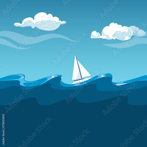 Sea illustration. White sailboat on big waves