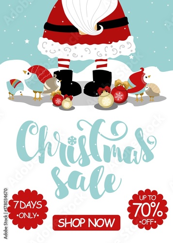 Christmas Sale banner with Santa Claus and Hand drawn lettering text