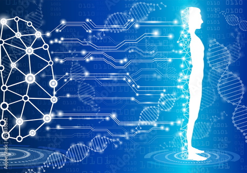 abstract background technology concept in blue light,brain and human body heal ,technology modern medical science in future and global international medical with tests analysis clone DNA human