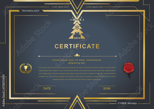 Christmas technology official certificate. Dark background with gold design elements and realistic wafer. May use it as background for Cyber Monday 