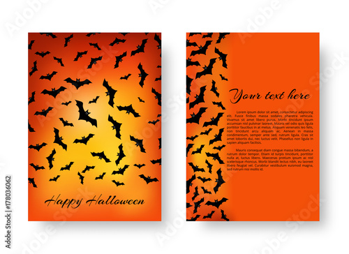 Scary cover of brochure with bats for festive decoration for Halloween on the orange backdrop. Vector illustration.