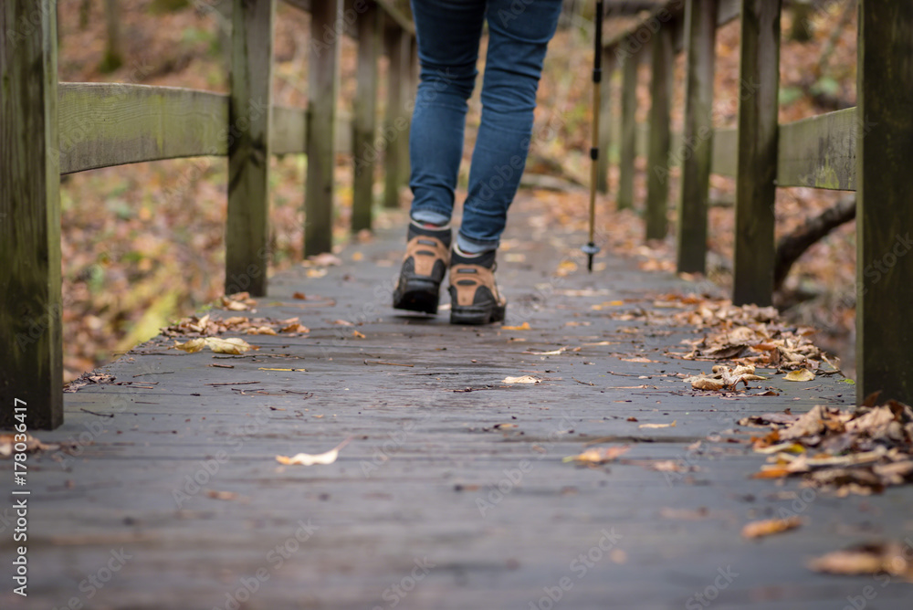 woman walking across wooden bridge in forest in fall - obrazy, fototapety, plakaty 