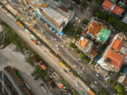 Aerial  shot,view from the drone on the road junction and city of Yangon,Myanmar