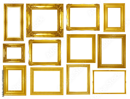 collection of Gold vintage picture and photo frame isolated on white background