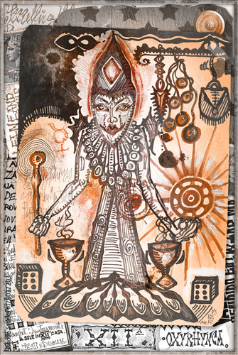 Collage e disegni con simboli e elementi etnici,esoterici e astrologici