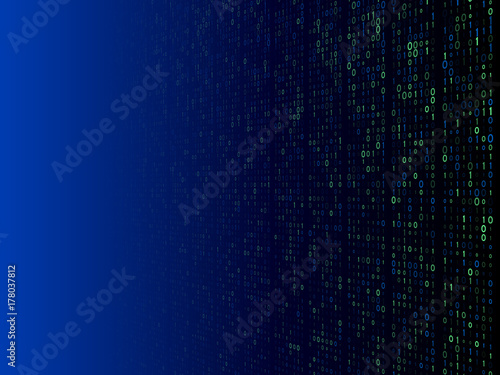 Abstract matrix technology concept. Perspective binary code on a blue background. Computer digital data vector illustration.