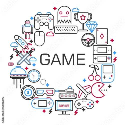 Internet games poster of electronic game and gaming devices vector outline icons