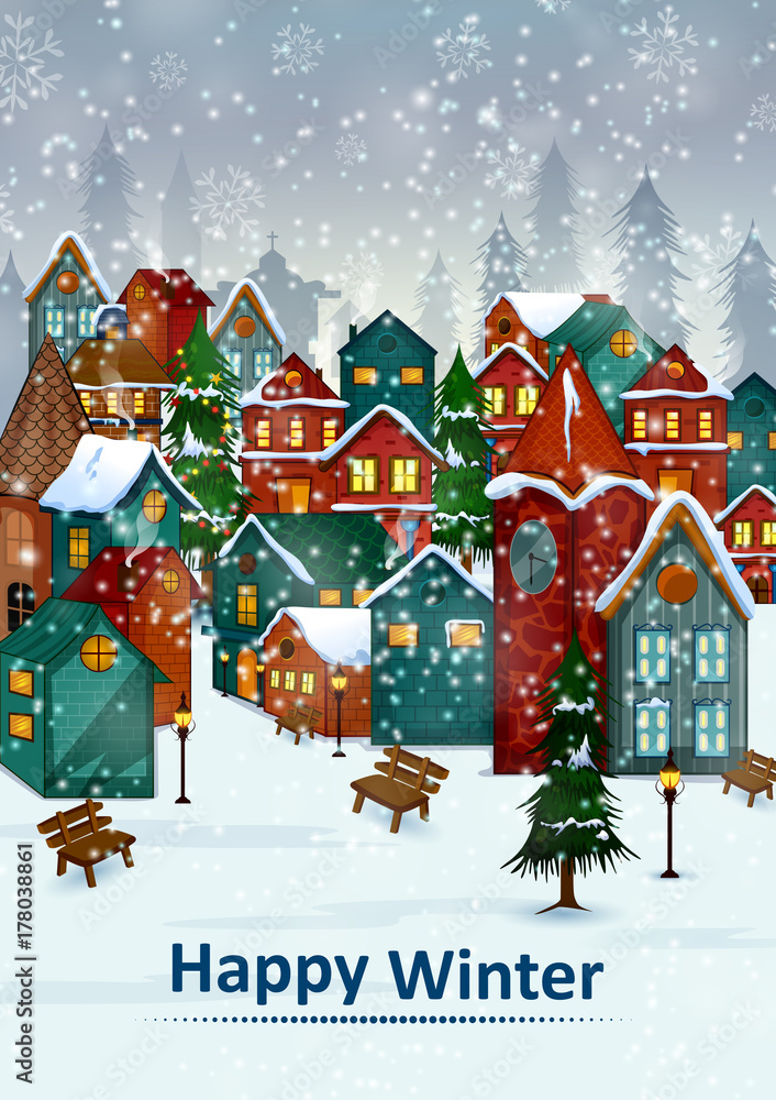 Residential house on Happy Winter celebration greeting background for Merry Christmas