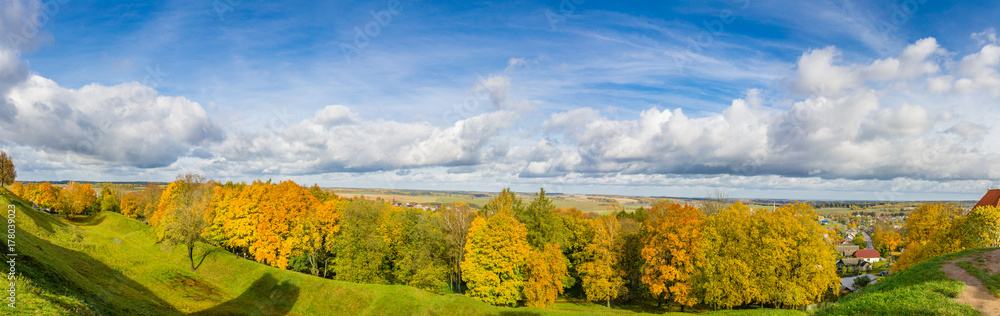 Autumn panorama on the Novogrudok hills from the ruins of the castle