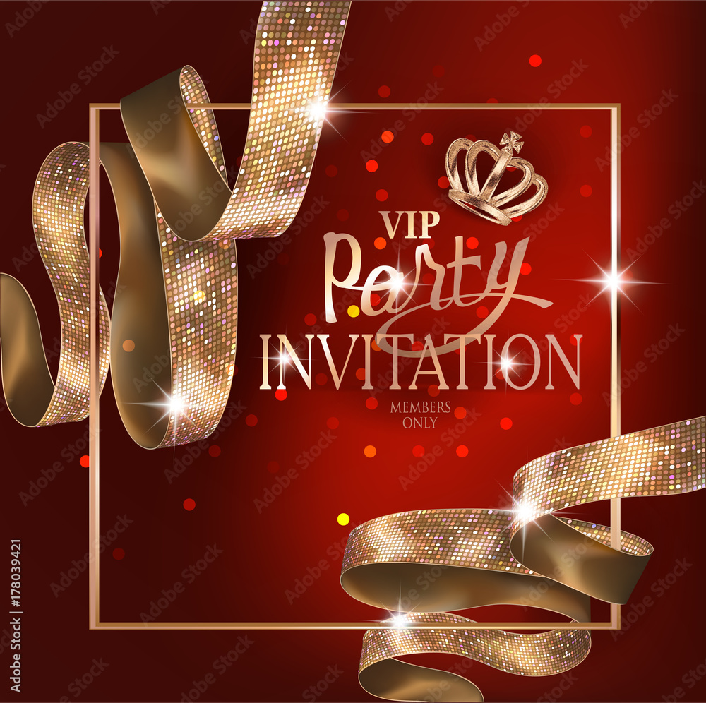 Fototapeta premium VIP invitation card with gold curly ribbon with pattern. Vector illustration