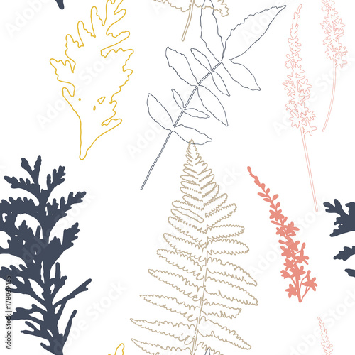 Floral vector seamless pattern with wild flowers, fern leaves and evergreen p...