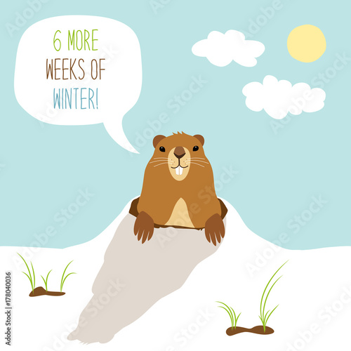 Cute Groundhog Day card as funny cartoon character of marmot