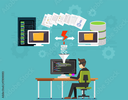 Thief or hacker is stealing data. Hacker attack. Hacking computer concept.