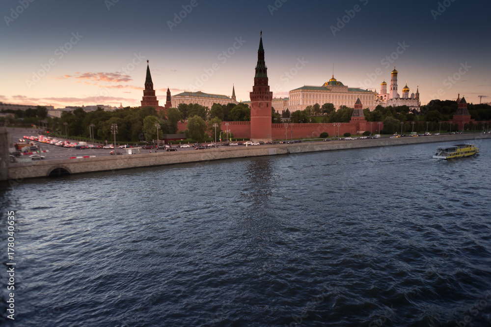 Night view of Moscow Kremlin and Moscow River in Moscow, Russia. Moscow architecture and landmark, Moscow cityscape