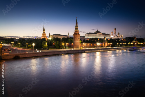 Night view of Moscow Kremlin and Moscow River in Moscow  Russia. Moscow architecture and landmark  Moscow cityscape