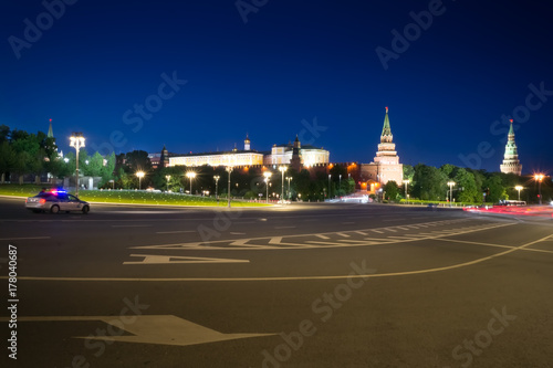 Kremlin and St. Ivan the Great during a beautiful sunset. A big road near kremlin with cars