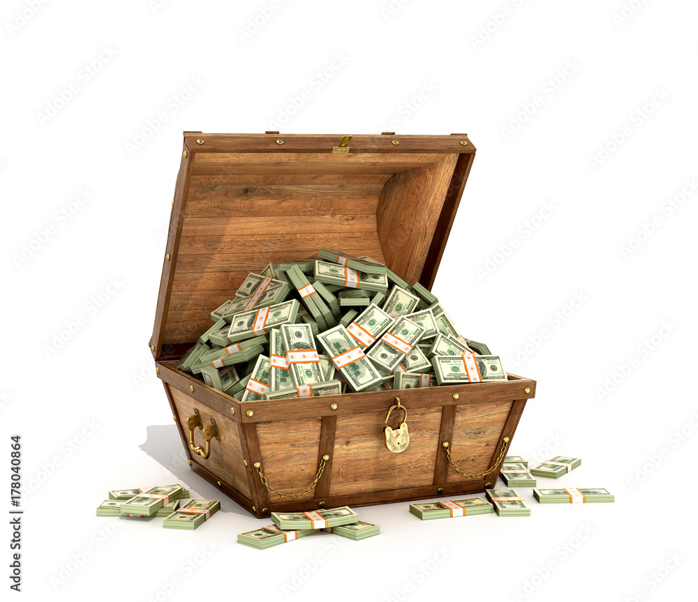 An ancient wooden chest with hundreds of dollars in the middle. A chest