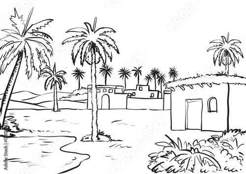Illustration of Middle east rural view. Ink drawn sketch Vector
