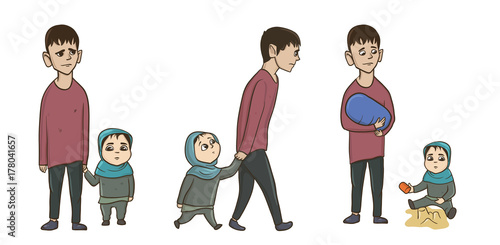 Arabic young man with a little girl, sister or daughter. Vector illustration set, isolated on white background.