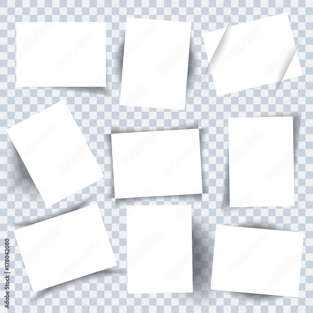 Clean paper sheets. White pages collection with shadows on transparent background. Clean paper sheets. White pages collection with shadows on transparent background.