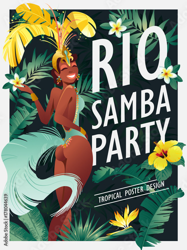 Brazilian samba dancer. Carnival in Rio de Janeiro girls wearing a festival costume is dancing. Vector illustration.
