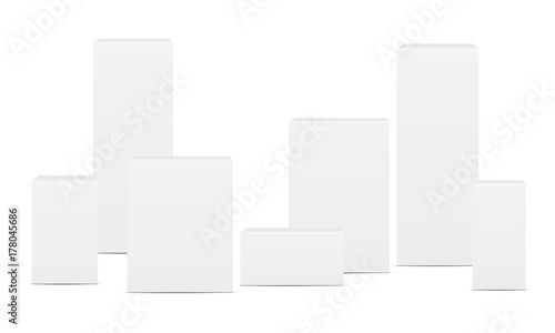 Set of blank rectangular boxes - front views. Mockup for pharmaceutical packaging design. Vector illustration