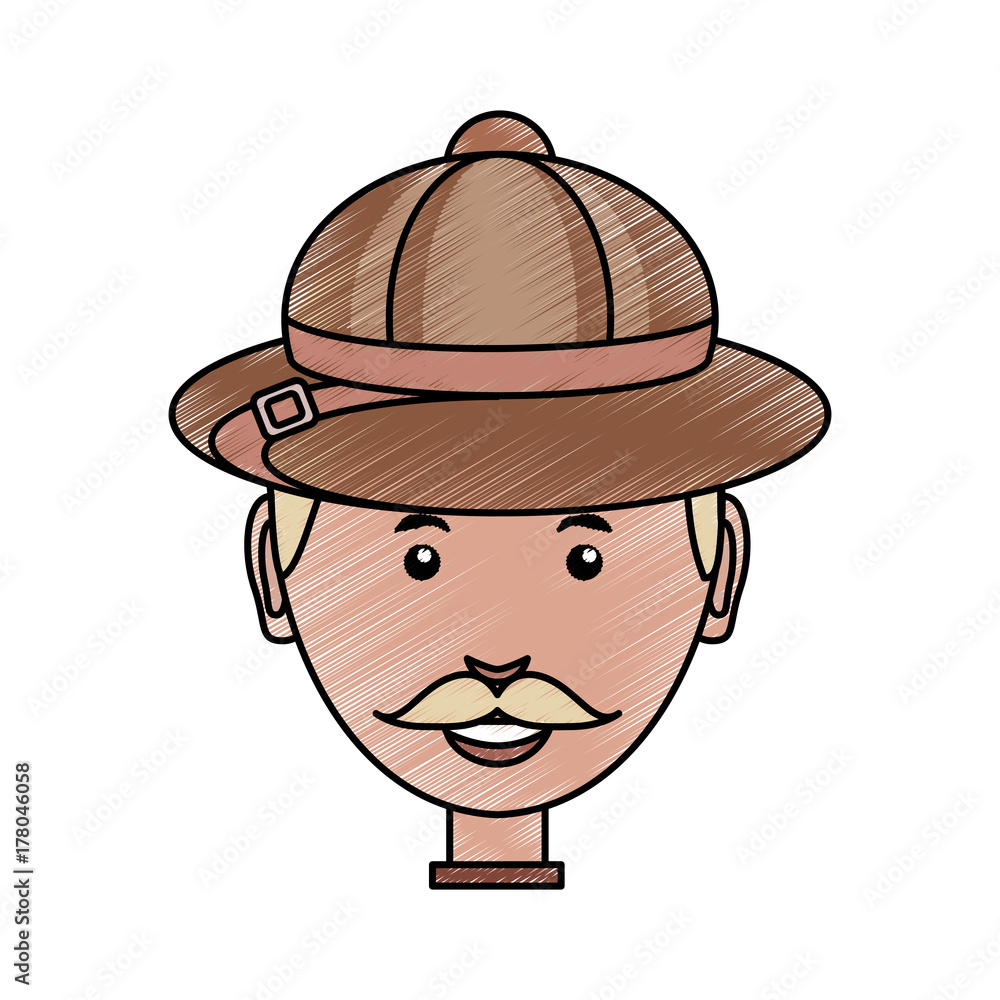 colored  man face with safari hat  doodle over white background  vector illustration