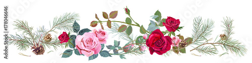 Panoramic view with red, pink roses, pine branches and cones, needles. Horizo...