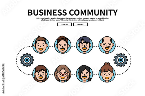 Flat line vector editable graphic website illustration, business community