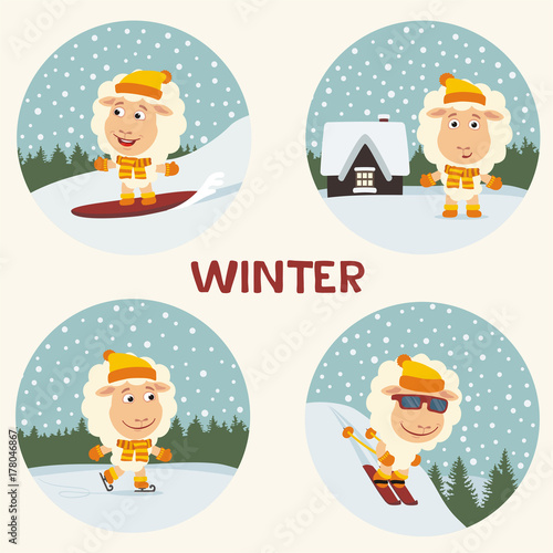 Winter. Set of funny sheep is engaged in winter sports, stands near the house against the background of snowflakes. Collection of sheep on skis, skates, snowboard.