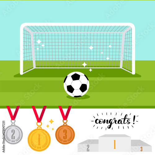 Soccer goal and ball on the green field and set of trophy award icons isolated on white background. Vector illustration