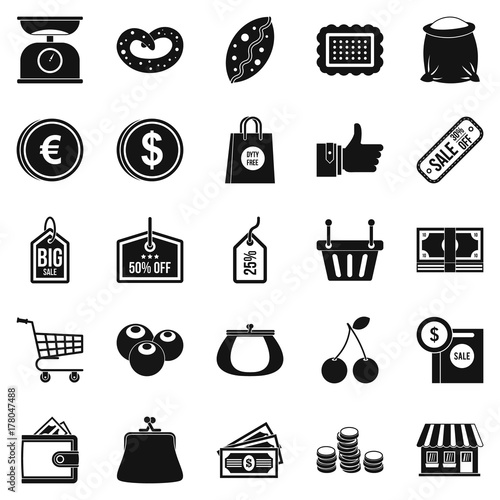 Buying in store icons set, simple style
