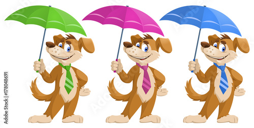 Funny cartoon dog in a tie with umbrella. Cartoon styled vector illustration. Isolated on white. No transparent objects.