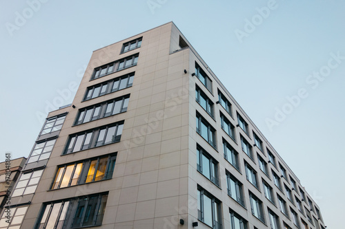 office building with colorful window lights