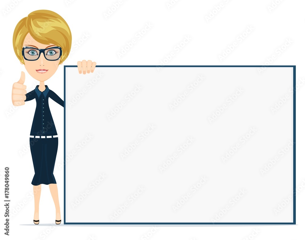 Businesswoman preparing a presentation. Woman pointing to the placard . Vector, Illustration, Flat Businesswoman preparing a presentation. Woman pointing to the placard . Vector, Illustration, Flat