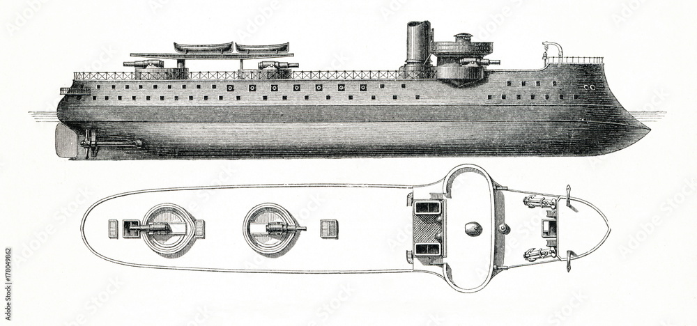 French barbette ironclad Amiral Duperré (1879) (from Meyers Lexikon, 1896, 13/472/473)