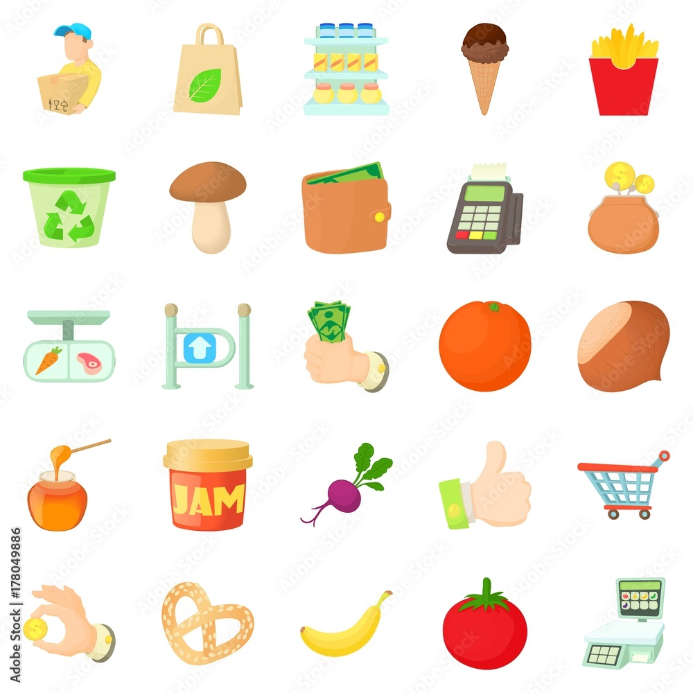 Shop with vegetables icons set, cartoon style Shop with vegetables icons set, cartoon style