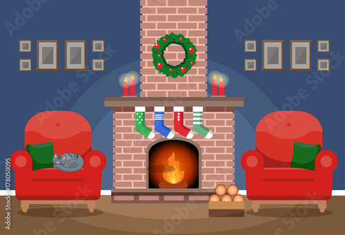 Cozy living interior Christmas style with a decorated fireplace and red chairs, vector illustration